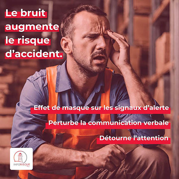 homme se tenant la tête avec texte sur les effets du bruit