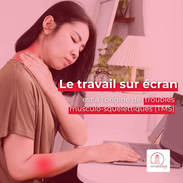 femme posant sa main sur son cou avec des zones rouges sur le cou l'avant bras avec texte sur les effets du travail sur écran