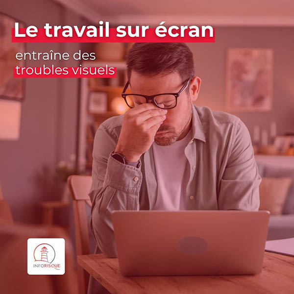 homme serrant son nez sous ses lunettes avec texte sur les effets du travail sur écran